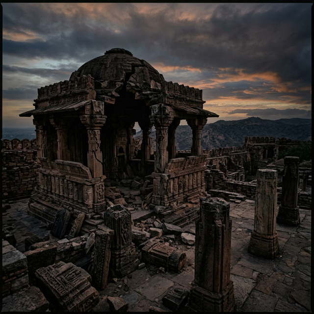 Destroyed temple foundations within Chittorgarh Fort showing deliberate demolition