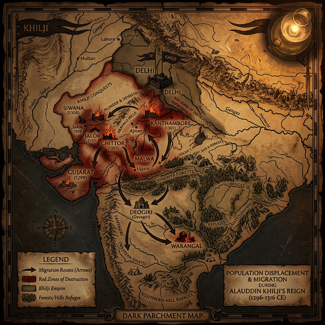 Map showing displacement and migration patterns of Hindu and Jain communities during the Khilji period