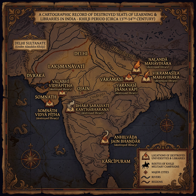 Map showing pre-Khilji educational institutions overlaid with military campaign routes