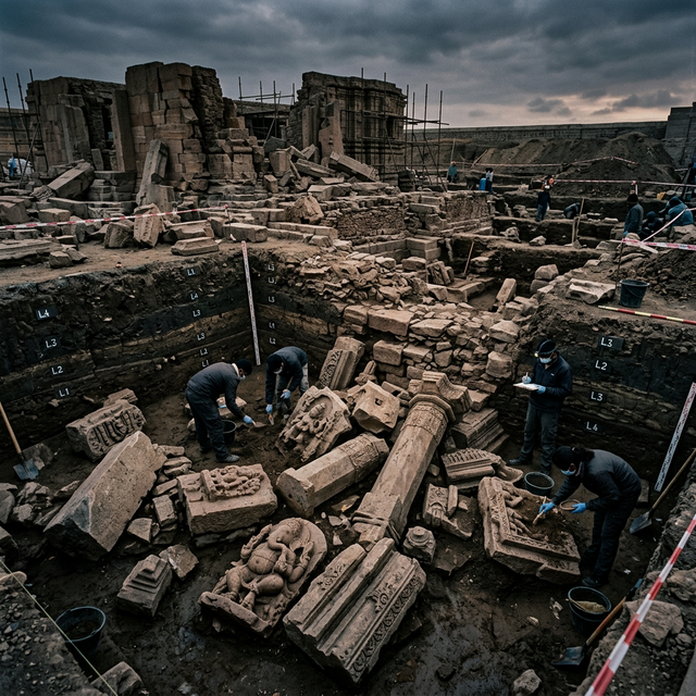 Archaeological excavation showing destruction and reconstruction layers of Somnath temple