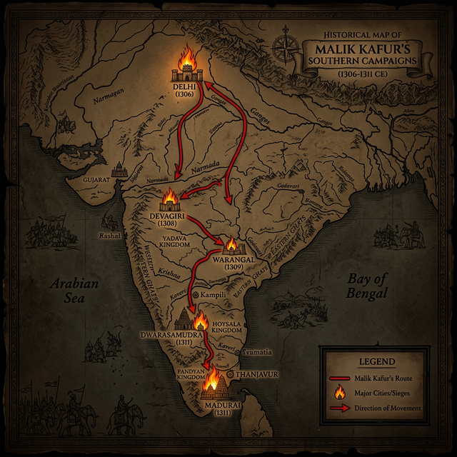 Map of Malik Kafur's southern campaigns from 1306 to 1311 CE