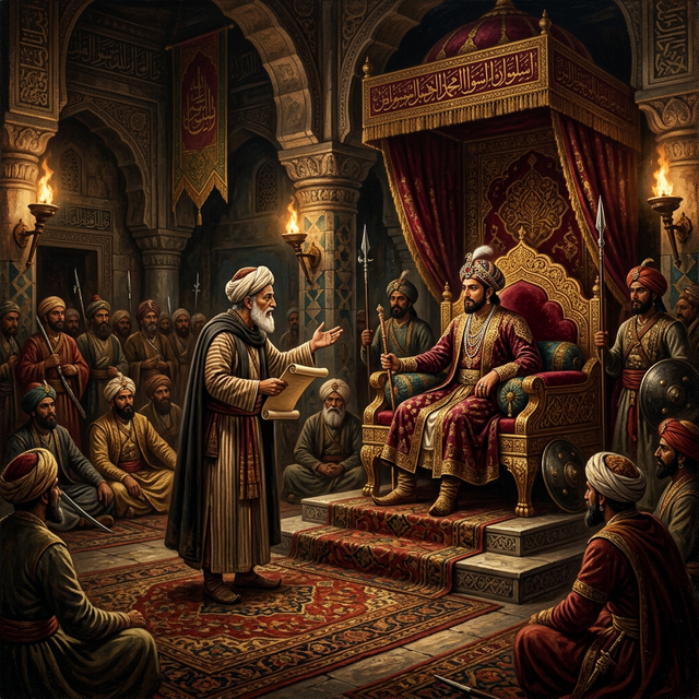 A 14th-century court scene depicting the Qazi advising the Sultan on treatment of Hindu subjects