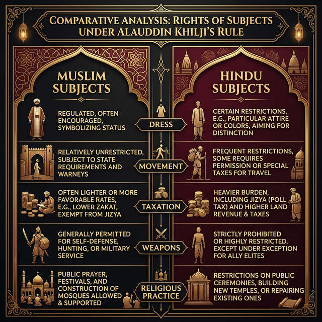 Infographic comparing rights of Muslim and Hindu subjects under Alauddin Khilji