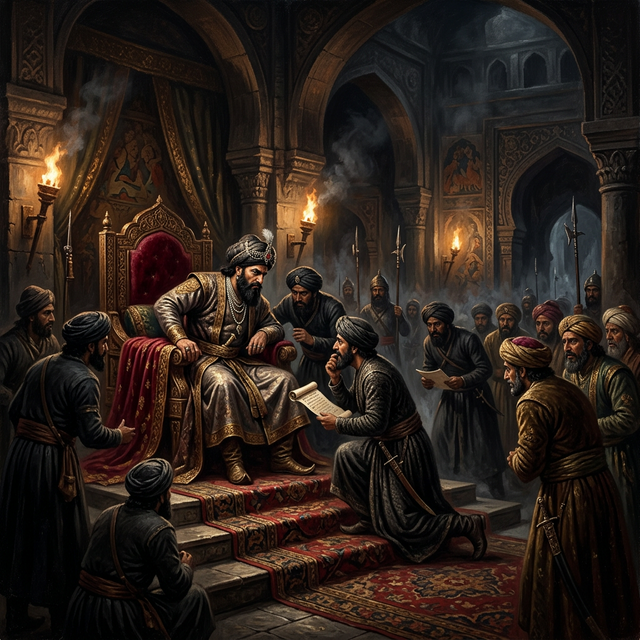 Alauddin Khilji's court during the consolidation period showing the surveillance apparatus