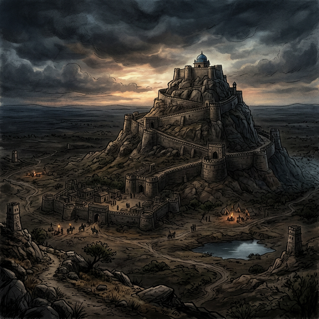 The hill-fortress of Devagiri (Daulatabad) rising from the Deccan plain