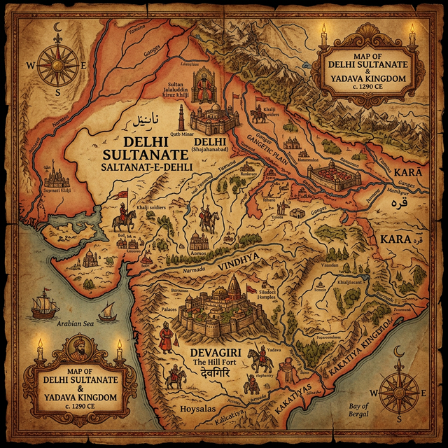 Map of the Delhi Sultanate circa 1290 CE showing the province of Kara and the Yadava kingdom of Devagiri