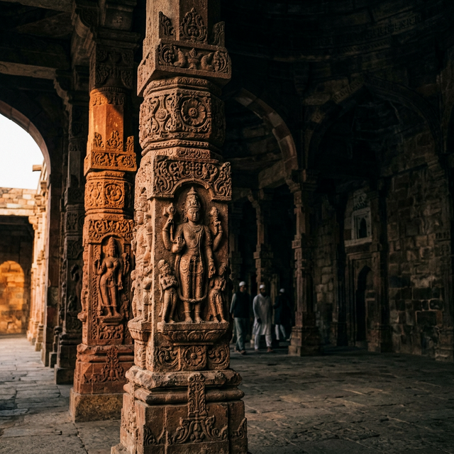 Hindu temple pillars repurposed within the Quwwat-ul-Islam mosque, Delhi