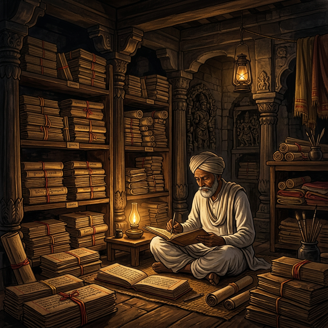 Reconstructed illustration of a medieval Indian temple library housing palm-leaf manuscripts